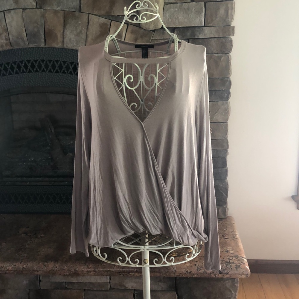 Forever 21 Tan Surplice Blouse with Keyhole V Neck